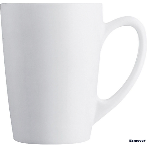 Tasse blanche et cylindrique avec anse, sur fond blanc. Le nom 'Esmeyer' est visible en bas à droite.
