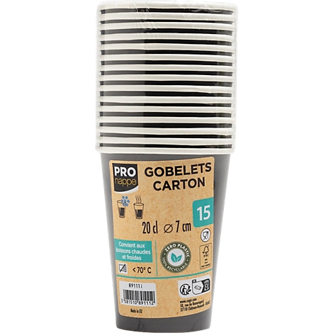 Un paquet de gobelets en papier, rayés en noir et blanc. Impression avec informations sur le produit en noir et turquoise.