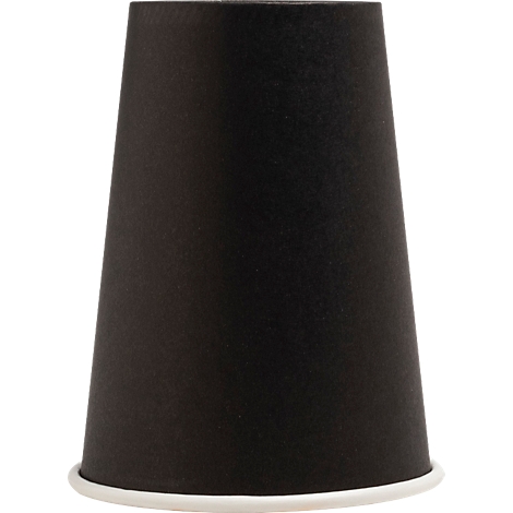 Gobelet en papier noir avec bord blanc. Conique, se rétrécissant de bas en haut.