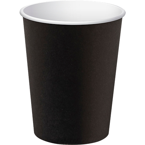 Gobelet en carton noir avec bord et intérieur blancs.