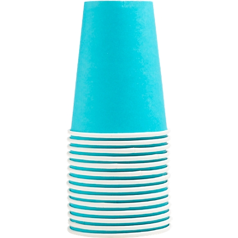 Une pile de gobelets en papier turquoise avec des rebords blancs.