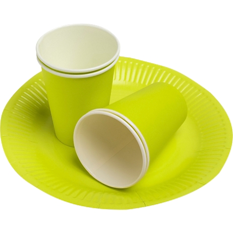 Deux gobelets en carton verts et une assiette à rainures, intérieur blanc. Sur fond clair.