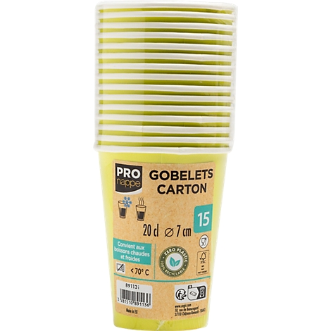 Un empilement de gobelets en carton vert-jaune avec couvercles. Impression : "GOBELETS CARTON, 20 cl, Ø 7 cm, 15".
