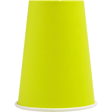 Gobelet en papier vert vif, conique, avec un bord blanc à la base.