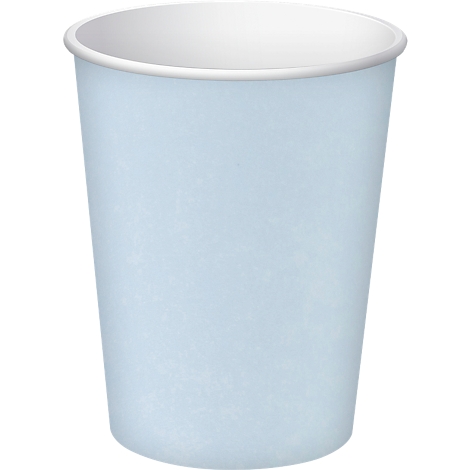 Gobelet en carton bleu clair avec bord blanc, sur fond blanc.