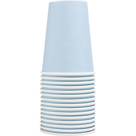 Pile de gobelets en papier bleu clair avec bord blanc.