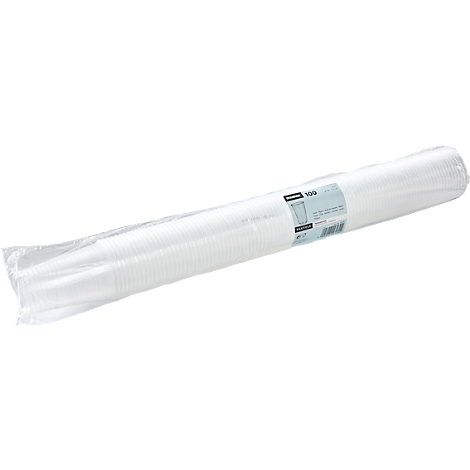 Gobelet jetable en plastique transparent avec impression 100% RECYCLABLE sur fond blanc.