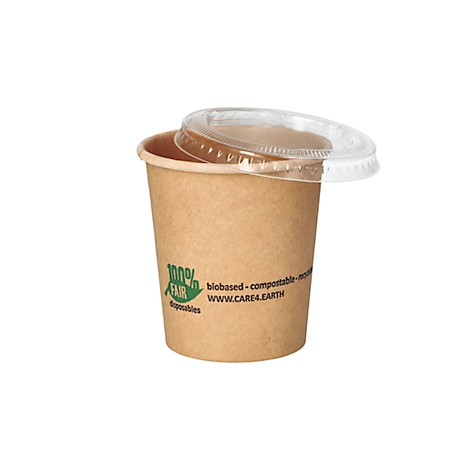 Gobelet en papier brun avec couvercle transparent. Impression : 100% Fair, biobased-compostable et WWW.CARE4.EARTH.