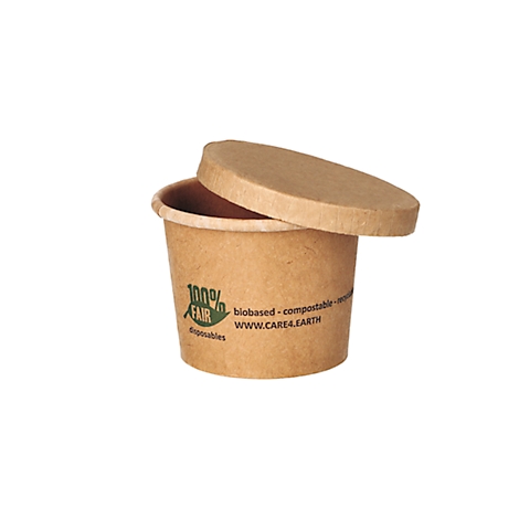 Gobelet en carton brun avec couvercle légèrement entrouvert. Inscription : 100% FAIR, biobased - compostable - recyclable, WWW.CARE4.EARTH.