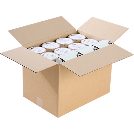Een open kartonnen doos gevuld met rollen tape. De productnaam staat op de tape.