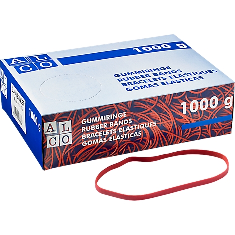 Caja de gomas elásticas con un anillo rojo al lado. Inscripción: Gummiringe, Rubber Bands, 1000 g.