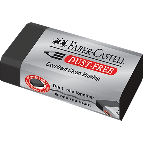 Une gomme Faber-Castell avec l'inscription "DUST-FREE".