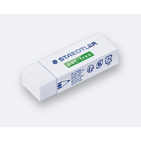 Gomme blanche Staedtler avec logo bleu et inscription verte 'PVC-free' sur étui en papier.