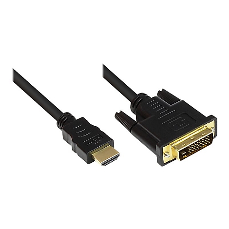Schwarzes Adapterkabel mit einem HDMI-Stecker und einem DVI-Stecker vor weißem Hintergrund.