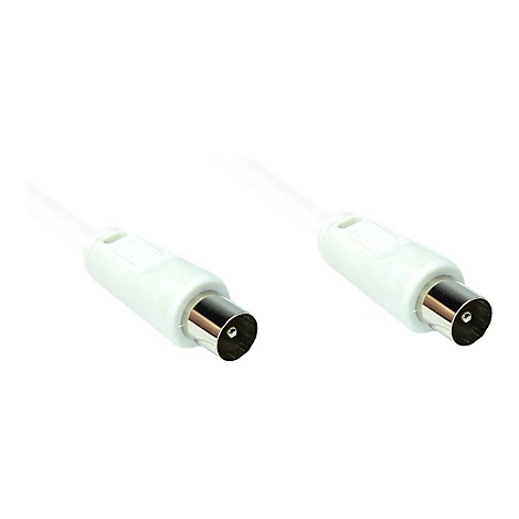 Zwei weiße Antennenkabel-Stecker mit metallischen Koaxialanschlüssen vor weißem Hintergrund.