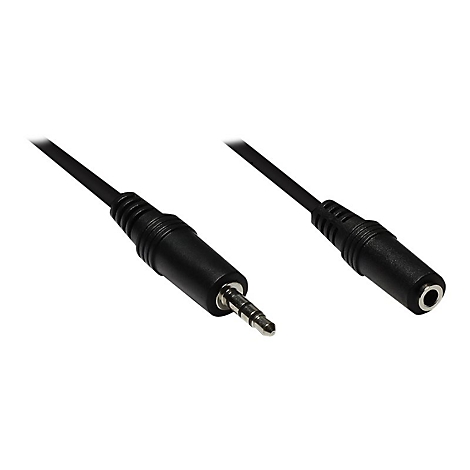 Ein schwarzes 3,5 mm Klinken-Verlängerungskabel mit einem Stecker an einem Ende und einer Buchse am anderen Ende.