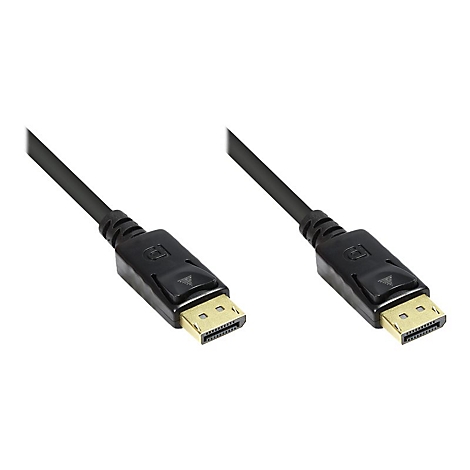 Zwei schwarze DisplayPort-Kabelenden mit goldenen Steckern vor weißem Hintergrund.