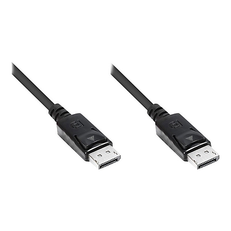 Zwei schwarze DisplayPort-Kabelanschlüsse mit Entriegelungstaste vor weißem Hintergrund.