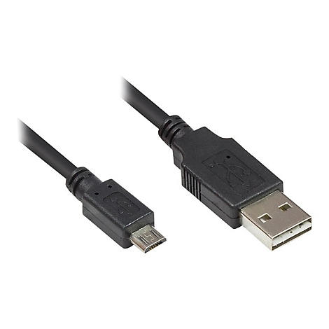 Schwarzes Micro-USB zu USB-A Kabel vor weißem Hintergrund.