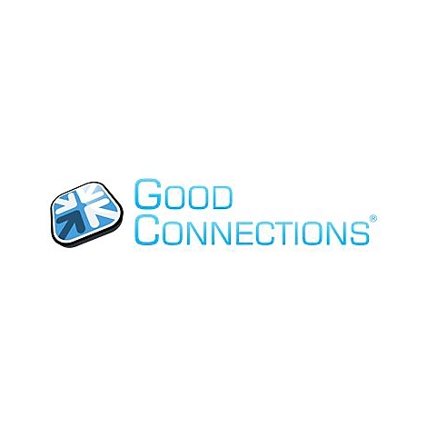Firmenlogo von Good Connections mit blauem Symbol aus vier Pfeilen und blauem Schriftzug.