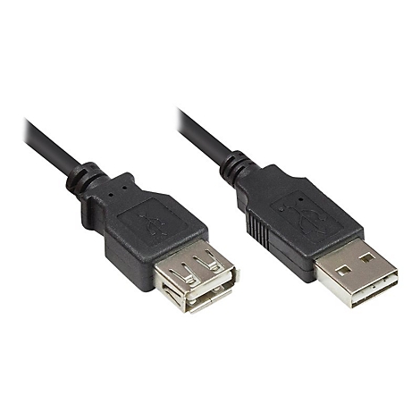 Schwarzes USB-Verlängerungskabel mit einem USB-A-Stecker und einer USB-A-Buchse vor weißem Hintergrund.
