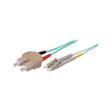 Türkisfarbenes Glasfaserkabel mit beigem SC-Duplex-Stecker und grauem LC-Duplex-Stecker vor weißem Hintergrund.