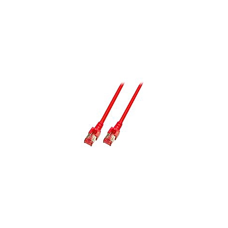 Rotes Netzwerkkabel mit RJ45-Steckern an beiden Enden vor weißem Hintergrund.
