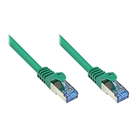 Zwei identische grüne Netzwerkkabel mit RJ45-Steckern vor weißem Hintergrund.