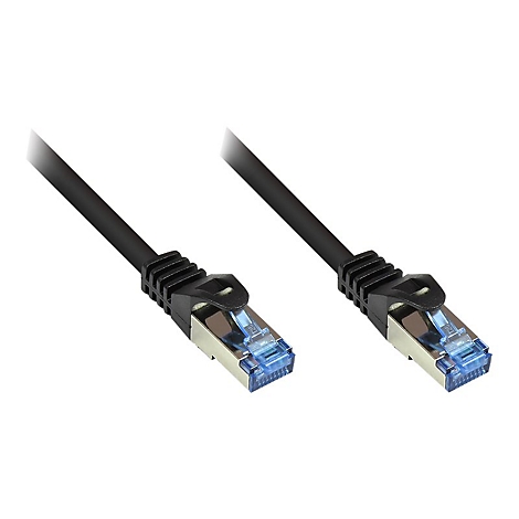 Zwei schwarze Netzwerkkabel-Stecker mit transparent-blauem Gehäuse vor weißem Hintergrund.