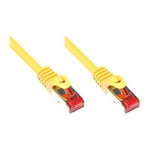 Zwei gelbe Netzwerkkabel mit metallisch glänzenden RJ45-Steckern und rotem Sicherungshebel vor weißem Hintergrund.