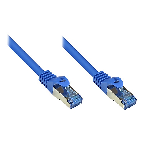 Zwei blaue Netzwerkkabel mit RJ45-Steckern und Knickschutz vor weißem Hintergrund.