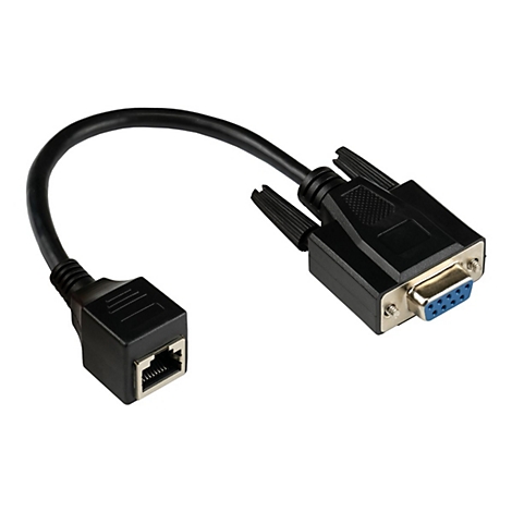 Adapterkabel mit einer schwarzen RJ45-Buchse an einem Ende und einem blauen 9-poligen D-Sub-Stecker am anderen.