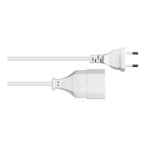 Weißes Verlängerungskabel mit Eurostecker und passender Kupplung vor weißem Hintergrund.