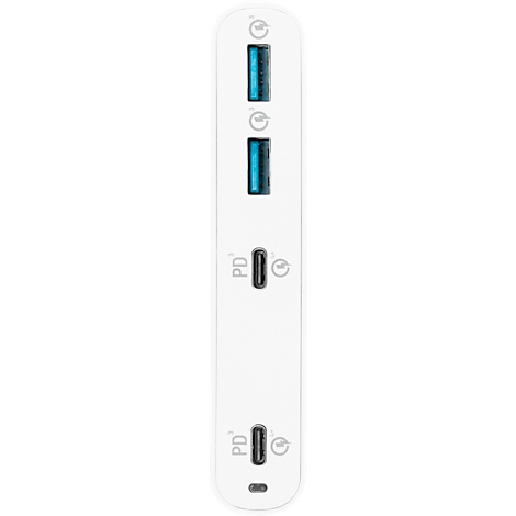 Witte oplader met meerdere USB- en USB-C-poorten. Blauwe USB-poorten, zwarte USB-C-poorten.
