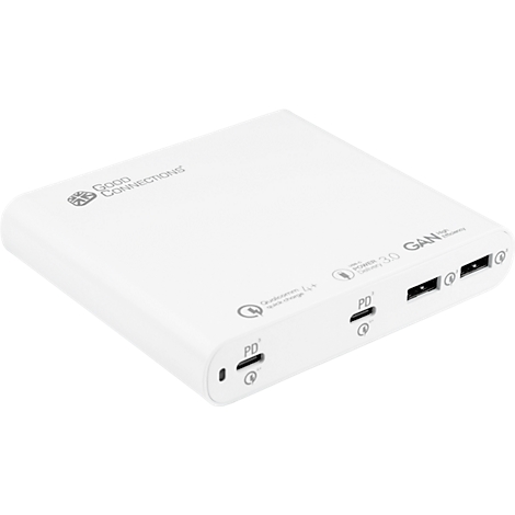 Witte powerbank met aansluitingen. Inscriptie Good Connections, Power Delivery 3.0, snel opladen.