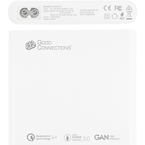 Witte oplader met logo en tekst. Boven: AC-connector, labels. Onder: Qualcomm, Power Delivery, GAN.
