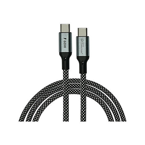 USB-C-Kabel mit schwarz-weißem Textilgeflecht und metallischen Steckern.
