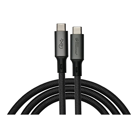 Zwei graue USB-C-Stecker eines schwarzen, stoffummantelten Kabels vor weißem Hintergrund.
