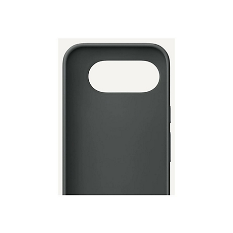 Dunkelgraue Handyhülle mit einem Ausschnitt für die Kamera, vor weißem Hintergrund.