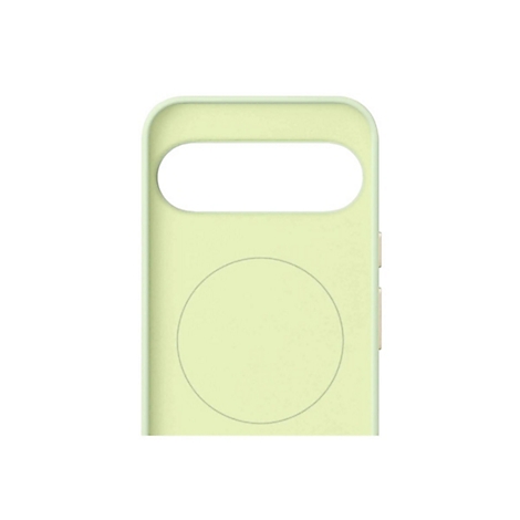 Hellgrüne Handyhülle mit Kameraausschnitt und rundem Bereich. Auf hellem Hintergrund.