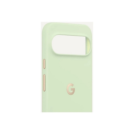 Hellgrüne Handyhülle mit Kameraausschnitt und Google-Logo. Auf hellem Hintergrund.