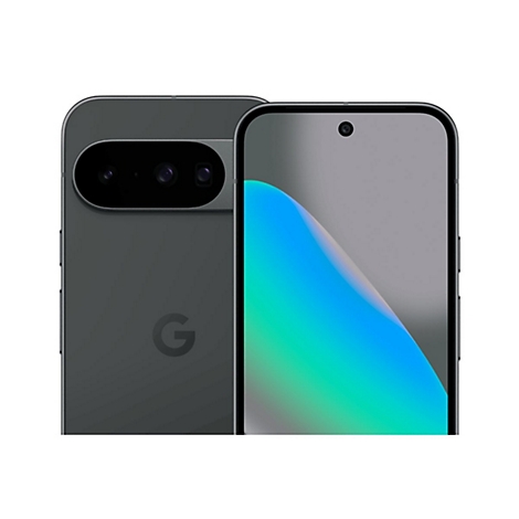 Zwei graue Smartphones, Vorder- und Rückseite. Auf der Rückseite ist das Google-Logo und eine Kameraleiste zu sehen.