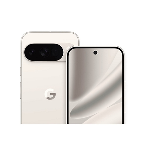 Zwei cremefarbene Smartphones, Vorder- und Rückseite, auf weißem Hintergrund. Schwarze Kameraelemente und das Google G-Logo sind erkennbar.