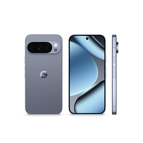 Drei Ansichten eines grauen Smartphones. Rückseite mit Kamera, Front mit Display, Seite mit Knöpfen.