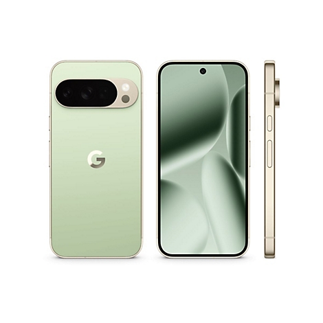 Hellgrünes Smartphone mit goldfarbenem Rahmen. Drei Ansichten: Vorder-, Seiten- und Rückseite.