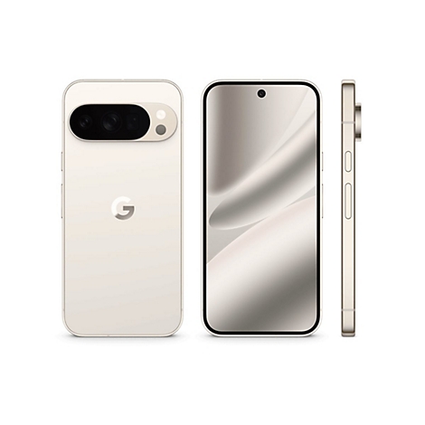 Beige Smartphone in drei Ansichten: Rückseite mit Kamera, Front und Seite. Das Google-Logo ist auf der Rückseite zusehen.