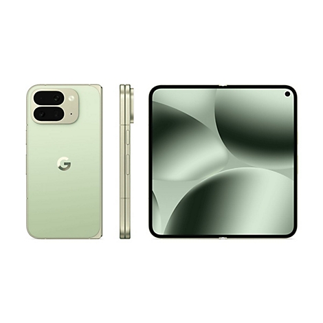 Ein hellgrünes Google-Smartphone in verschiedenen Ansichten. Gezeigt werden Rückseite, Seitenansicht und aufgeklappter Bildschirm.