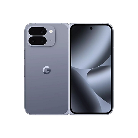 Graues faltbares Smartphone mit zwei Kameramodulen auf der Rückseite und dem Google-Logo.