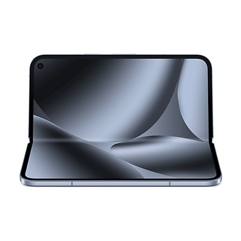 Hellblaues, faltbares Smartphone, halb aufgeklappt. Der Bildschirm zeigt ein abstraktes, graues Design.