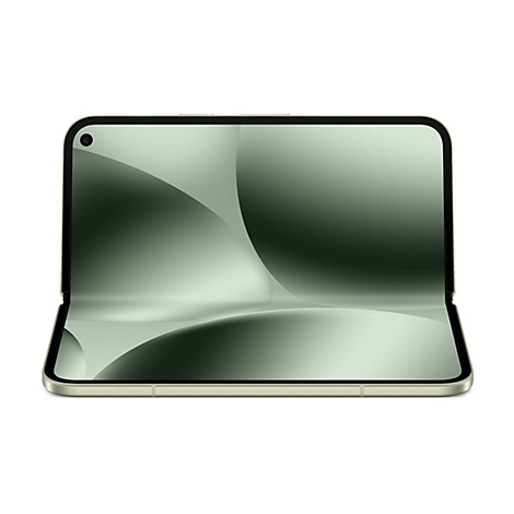 Ein geöffnetes, zusammenklappbares Smartphone in Beige mit grünem Bildschirm. Oben links ist eine Kameraaussparung.